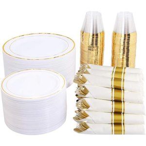 350 Pieces Gold Plastic Plates with Disposable Silverware and Cups